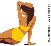 vector illustration on the theme of summer holidays. beautiful young tanned girl in a yellow swimsuit sunbathes on the beach. useful for advertising summer vacations, resorts, hotels, beaches, print