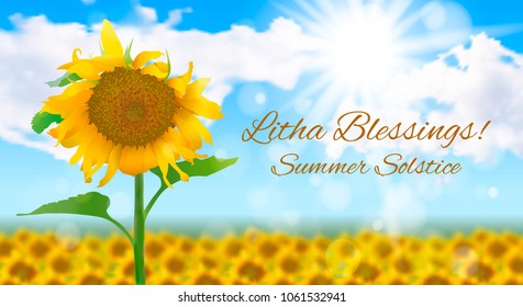 Vector illustration on the theme of the summer solstice. Sunny realistic summer landscape with a field of sunflowers, sky with clouds and text.