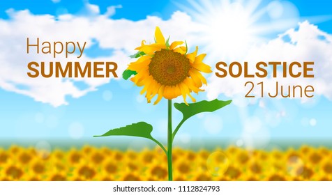 Vector illustration on the theme of the summer solstice. Sunny realistic summer landscape with a field of sunflowers, sky with clouds and text.