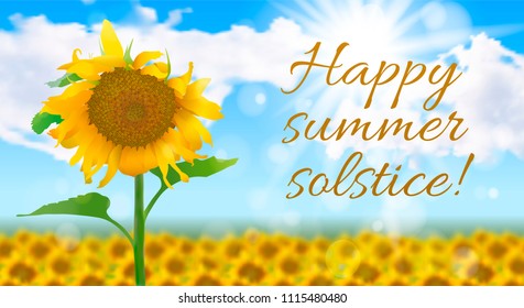 Vector illustration on the theme of the summer solstice. Sunny realistic summer landscape with a field of sunflowers, sky with clouds and text.