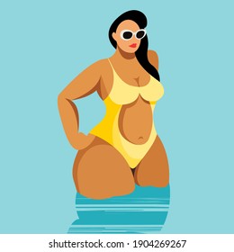 vector illustration on the theme of summer holidays. beautiful young tanned girl in a yellow swimsuit stands knee-deep in the sea, ocean or pool.  can be used to decorate leaflets and flyers
