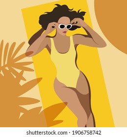 vector illustration on the theme of summer holidays. beautiful young tanned girl in a yellow swimsuit sunbathes on the beach. the picture can be used to decorate leaflets and flyers. elements isolated