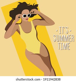 vector illustration on the theme of summer holidays. beautiful young tanned girl in a yellow swimsuit sunbathes on the beach. the picture can be used to decorate leaflets and flyers. elements isolated
