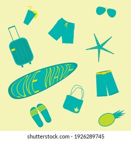 Vector illustration on the theme of the summer set of things for vacation and travel.