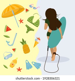vector illustration on the theme of summer, beach and recreation. Set of images on a white background, isolated
