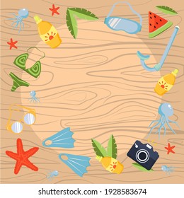 Vektorgrafik zum Thema Sommer, Strand und Erholung. BilderSet auf braunem Holzhintergrund einzeln auf
