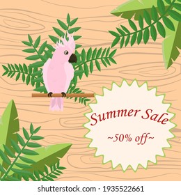 vector illustration on the theme of a summer sale in a tropical style with a pink cockatoo sitting on a branch among the leaves