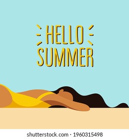 vector illustration on the theme of summer holidays. beautiful young tanned girl in a yellow swimsuit sunbathes on the beach with her hair scattered on the sand. the text "hello summer".