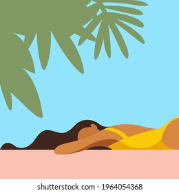 vector illustration on the theme of summer holidays. beautiful young tanned girl in a yellow swimsuit sunbathes on the beach with her hair scattered on the sand. can be used for leisure advertising.