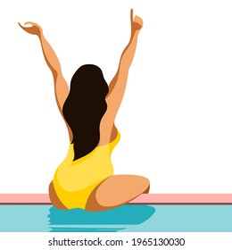 vector illustration on the theme of summer holidays. beautiful young tanned girl in a yellow swimsuit sits on the edge of the pool and enjoys rest, sun, sea, water, summer.