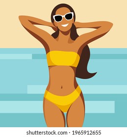 vector illustration on the theme of summer holidays.beautiful young tanned girl in a yellow swimsuit sunbathes on the beach.can be used to advertise summer vacations, resorts, hotels, beaches, tanning