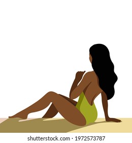 vector illustration on the theme of summer holidays. black girl in green swimsuit sunbathes on the beach, isolated on white background. useful for advertising summer vacations, resorts, hotels, beach