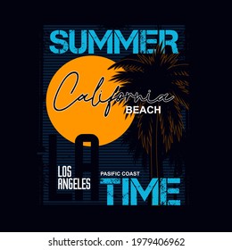 Vector illustration on the theme of summer time and surf in California. Vintage design. lines and palm background. , t-shirt graphics, print, poster, banner, flyer, postcard,etc.
