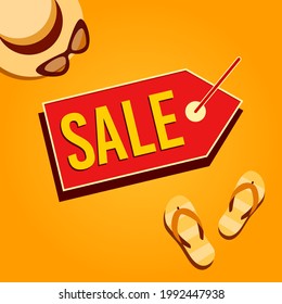 Vector illustration on the theme of the summer sale, banner, template for promotion. Summer accessories on the sand, glasses, beach hat, flip flops. Flat style design