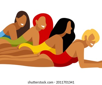 vector illustration on the theme of summer holidays.four girls in multi-colored swimsuits,with different skin types and hair colors,are resting and sunbathing on the beach isolated on white background