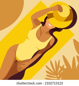 vector illustration on the theme of summer holidays. beautiful tanned girl in a yellow swimsuit sunbathes on the beach in the shade of palm tree. useful for summer holidays, resorts, hotels, beaches.