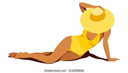 Vektorgrafik zum Thema Sommerferien. schönes gegerbtes Mädchen in einem gelben Badeanzug Sonnenbäder am Strand im Schatten von Palmen. nützlich für Sommerferien, Ferienorte, Hotels, Strände.