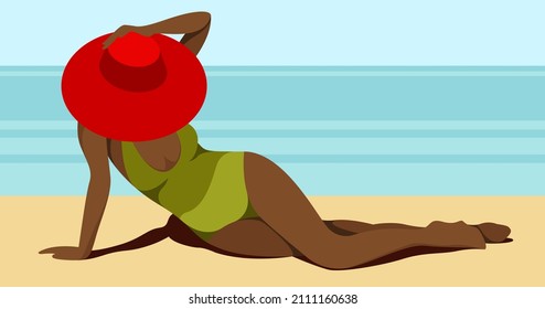 vector illustration on the theme of summer holidays. a beautiful young black girl in a green bathing suit and a big red hat is sunbathing on the beach near the sea or ocean in a tropical resort.
