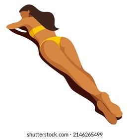 vector illustration on the theme of summer holidays. beautiful young tanned girl in a yellow swimsuit sunbathes on the beach. useful for advertising summer vacations, resorts, hotels, beaches, print