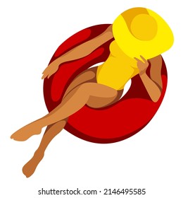 ilustración vectorial sobre el tema de las vacaciones de verano. mujer con traje de baño amarillo y un gran sombrero nada en círculo en la piscina.útil para vacaciones de verano, piscina, resort, impresión, volante, publicidad