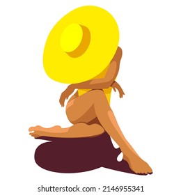 vector illustration on the theme of summer holidays. a tanned girl in a yellow swimsuit sits on her knees on the beach in a hat isolated on a white background. useful for advertising summer vacations