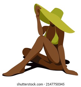 vector illustration on the theme of summer holidays. a dark-skinned girl in a green bikini is resting on the beach under a hat isolated on a white background. useful for advertising summer vacations