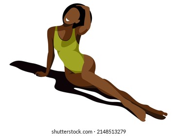 vector illustration on the theme of summer holidays. a dark-skinned girl in a green swimsuit is resting on the beach under a hat isolated on a white background. useful for advertising summer vacations