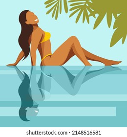 ilustración vectorial sobre el tema de las vacaciones de verano. bonita jovencita bronceada con una bañera de bikini amarilla junto a la piscina a la sombra de las palmeras y hojas en un complejo tropical. reflexión en el agua