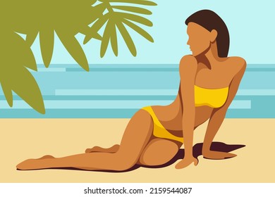 ilustración vectorial sobre el tema de las vacaciones de verano. bella niña bronceada con una bañera de bikini amarilla en la playa a la sombra de una palmera. útil para vacaciones de verano, resorts, hoteles, playas.