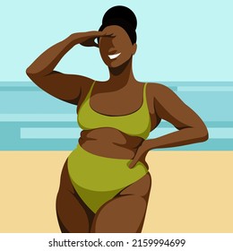 ilustración vectorial sobre el tema de las vacaciones de verano. en la playa, en un bikini verde en la playa, una bonita niña curvada y de piel oscura se alza sobre el fondo del mar o del océano. pliegues grasos