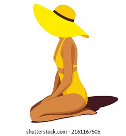 vector illustration on the theme of summer holidays. a tanned girl in a yellow swimsuit sits on her knees on the beach in a hat isolated on a white background. useful for advertising summer vacations