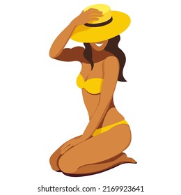 vector illustration on the theme of summer holidays. a tanned girl in a yellow swimsuit sits on her knees on the beach in a hat isolated on a white background. useful for advertising summer vacantion