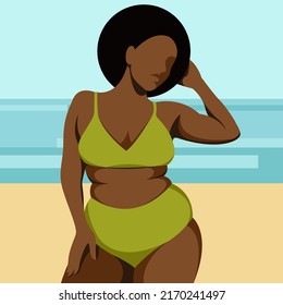 vector  illustration on the theme of summer holidays. a beautiful curvy happy dark-skinned girl stands on the beach in a green bikini on the beach against the backdrop of the sea or ocean. fatty folds