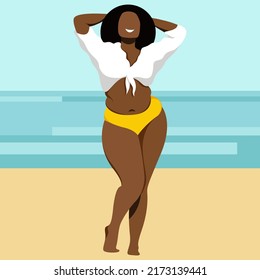vector illustration on the theme of summer holidays. a beautiful curvy happy dark-skinned girl stands on the beach in a yellow bikini on the beach against the backdrop of the sea or ocean. fatty folds