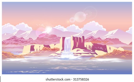 Vector illustration on the theme of the sunrise over the beautiful waterfall and highlands. Seamless horizontally if needed