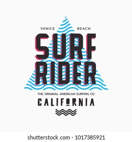 Vector illustration on the theme of surf rider and surfing in California, Venice beach. Typography, t-shirt graphics, print, poster, banner, flyer, postcard