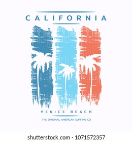 Vector illustration on the theme of surf rider and surfing in California, Venice beach. Grunge background. Typography, t-shirt graphics, print, poster, banner, flyer, postcard