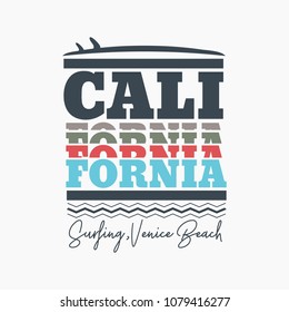 Vector illustration on the theme of surf and surfing in California, Venice beach. Typography, t-shirt graphics, print, poster, banner, flyer, postcard