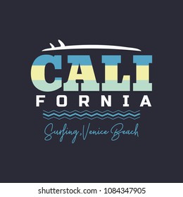Vector illustration on the theme of surf and surfing in California, Venice beach. Typography, t-shirt graphics, print, poster, banner, flyer, postcard