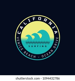 Vector illustration on the theme of surf and surfing in California, Venice beach. Stump typography, t-shirt graphics, print, poster, banner, flyer, postcard