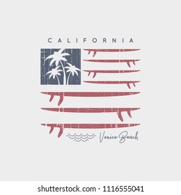 Vector illustration on the theme of surf rider and surfing in California. Vintage design. American flag.  Grunge background. Typography, t-shirt graphics, print, poster, banner, flyer, postcard