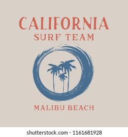 Vector illustration on the theme of surf and surfing in California, Malibu beach. Vintage design.  Typography, t-shirt graphics, print, poster, banner, flyer, postcard