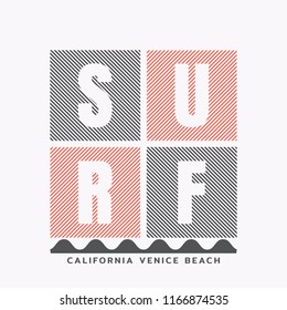 Vector illustration on the theme of surf rider and surfing in California, Venice beach. Typography, t-shirt graphics, print, poster, banner, flyer, postcard