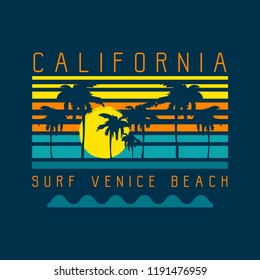 Vector illustration on the theme of surf and surfing in California, Venice beach. Typography, t-shirt graphics, print, poster, banner, flyer, postcard