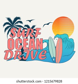 Vector illustration on the theme of surf rider. Grunge background. Vintage design. Typography, t-shirt graphics, print, poster, banner, flyer, postcard