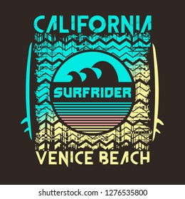 Vector illustration on the theme of surf rider and surfing in California, Venice beach.  Grunge background.  Vintage design.  Typography, t-shirt graphics, print, poster, banner, flyer, postcard