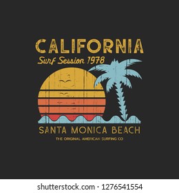 Vector illustration on the theme of surf and surfing in California, Santa Monica beach. Vintage design. Grunge background. Typography, t-shirt graphics, print, poster, banner, flyer, postcard