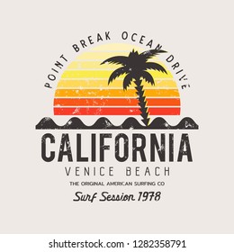 Vector illustration on the theme of surf and surfing in California, Venice beach. Vintage design. Grunge background. Typography, t-shirt graphics, print, poster, banner, flyer, postcard