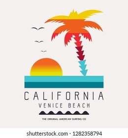Vector illustration on the theme of surf and surfing in California, Venice beach. Typography, t-shirt graphics, print, poster, banner, flyer, postcard