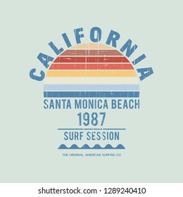 Vector illustration on the theme of surf rider and surfing in California, Santa Monica beach. Vintage design. Grunge background. Typography, t-shirt graphics, print, poster, banner, flyer, postcard